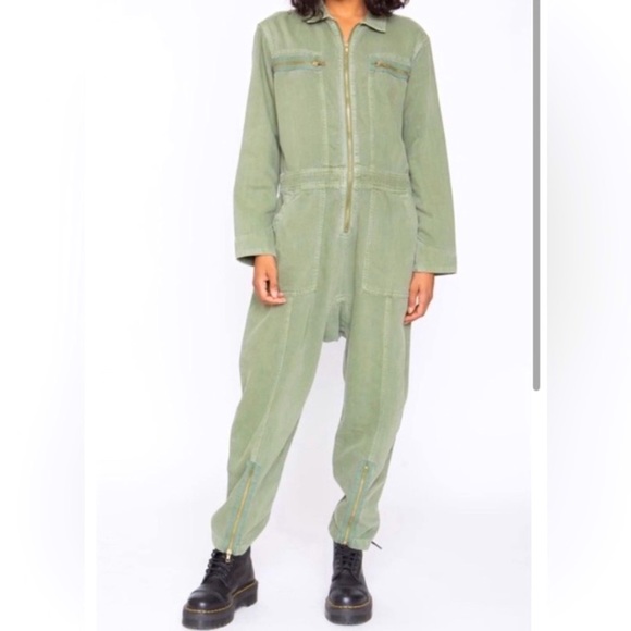 NWT Sandrine Rose x Free People Army Jumpsuit Linen Cotton Small Military Green - Picture 2 of 15